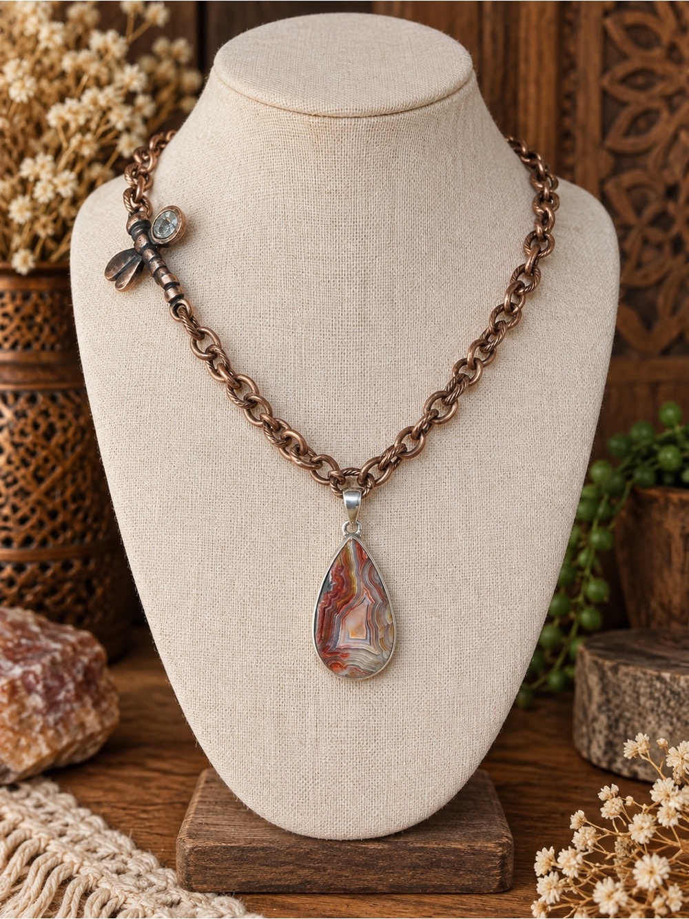 Antique Copper with Red Mexican Lace Agate 925 Pendant and Copper Dragon Fly